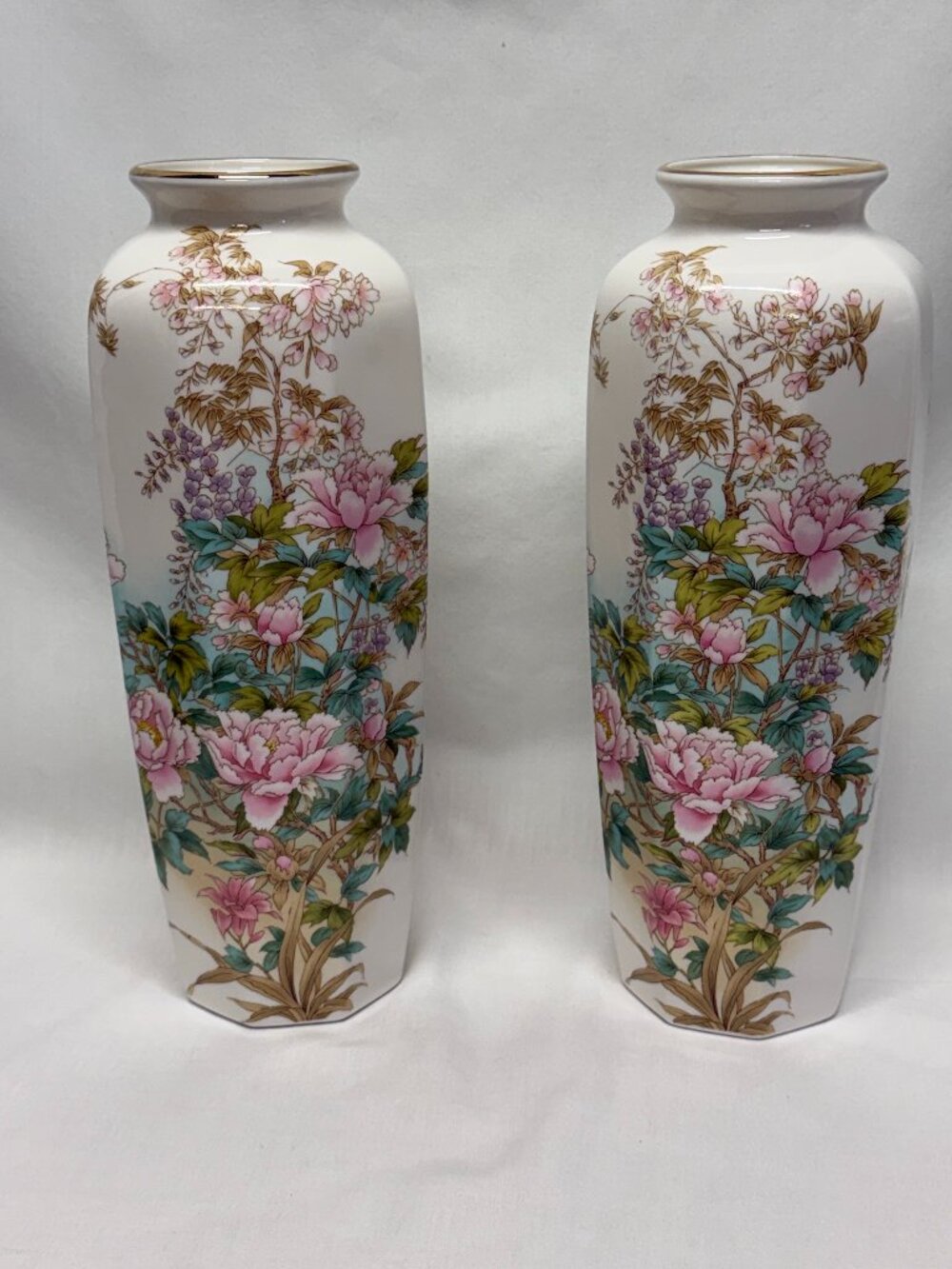 Vintage Pair Shibata Japan Porcelain Peony Flower Vases Gold Trim 10-1/2 Inches